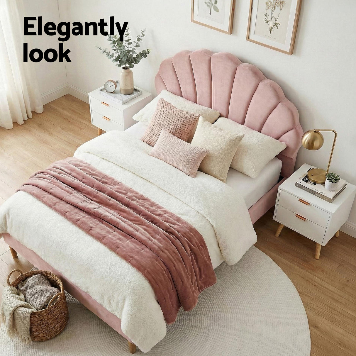 Artiss Double Bed Frame Scallop Headboard Pink Velvet with 2 Drawer Bedside Table