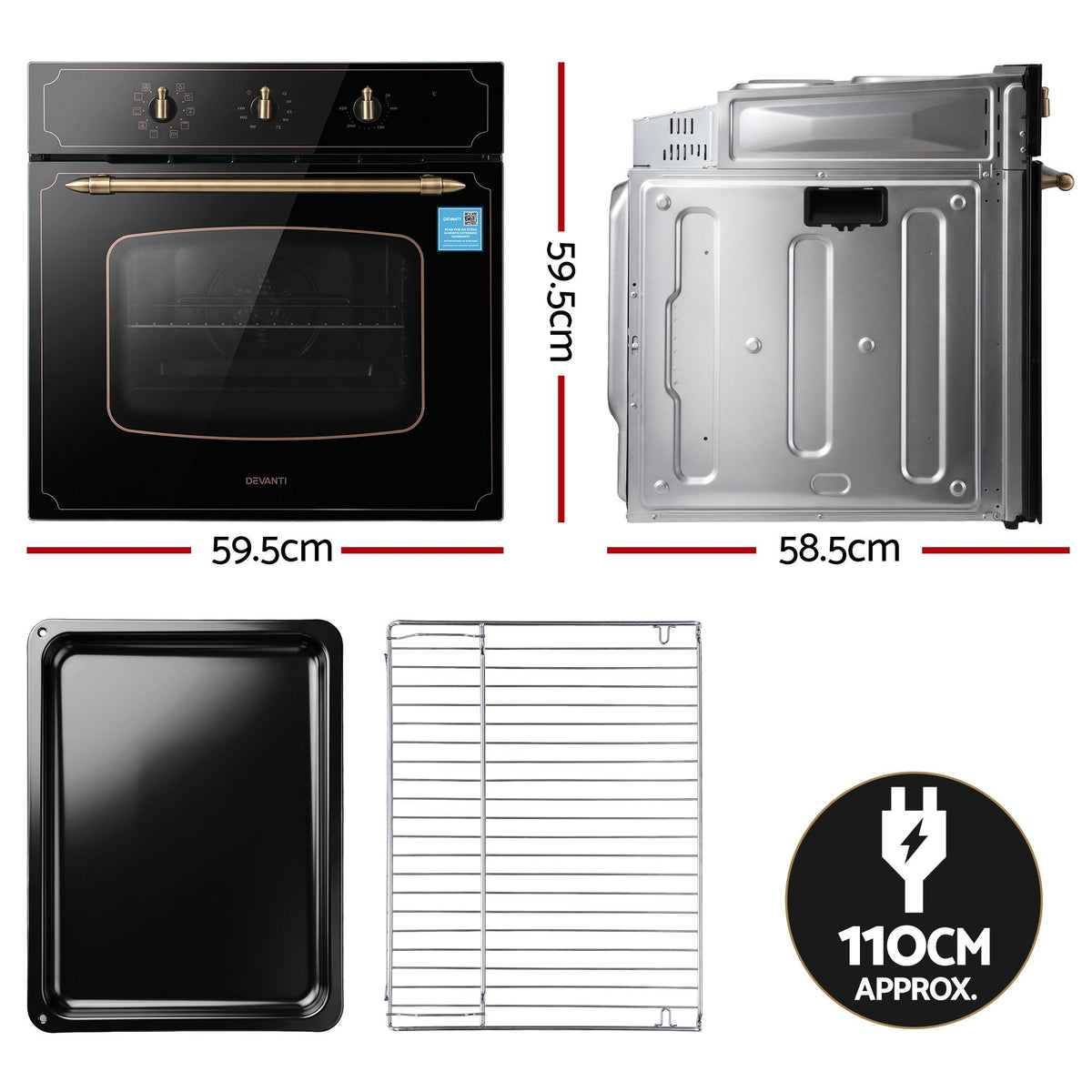 Devanti 60cm Built-In Electric Oven 80L Gross 9 Functions Black