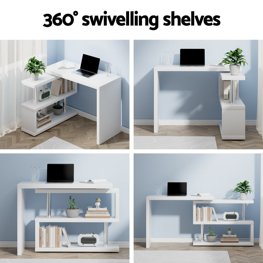 Rotatable Corner Office Desk with Bookshelf White