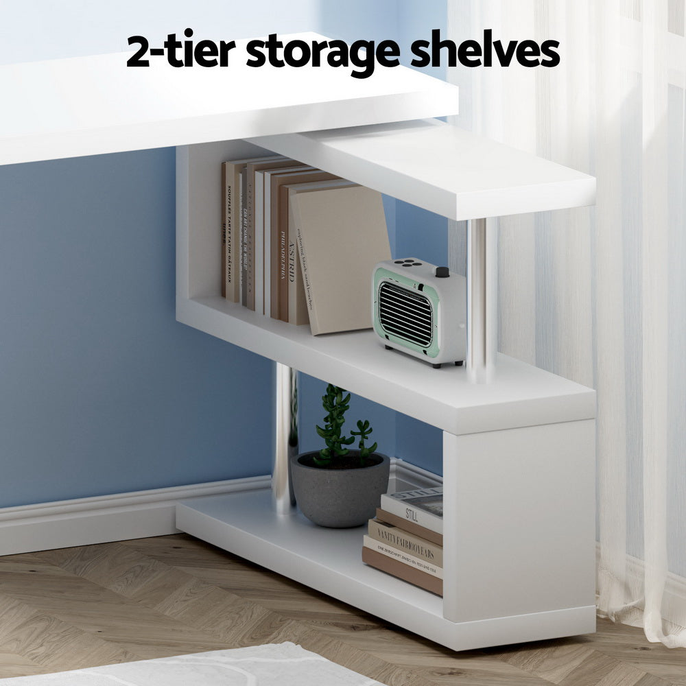 Rotatable Corner Office Desk with Bookshelf White
