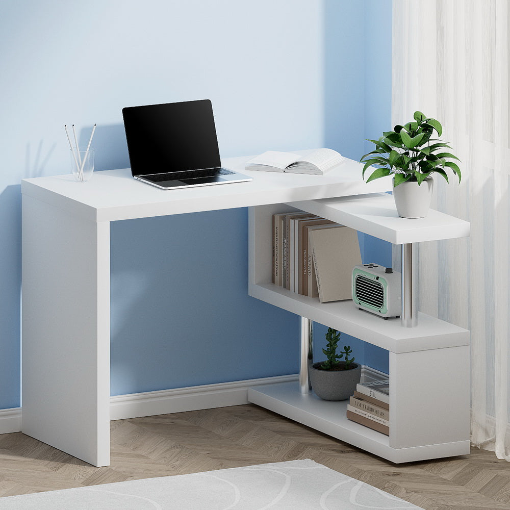 Rotatable Corner Office Desk with Bookshelf White