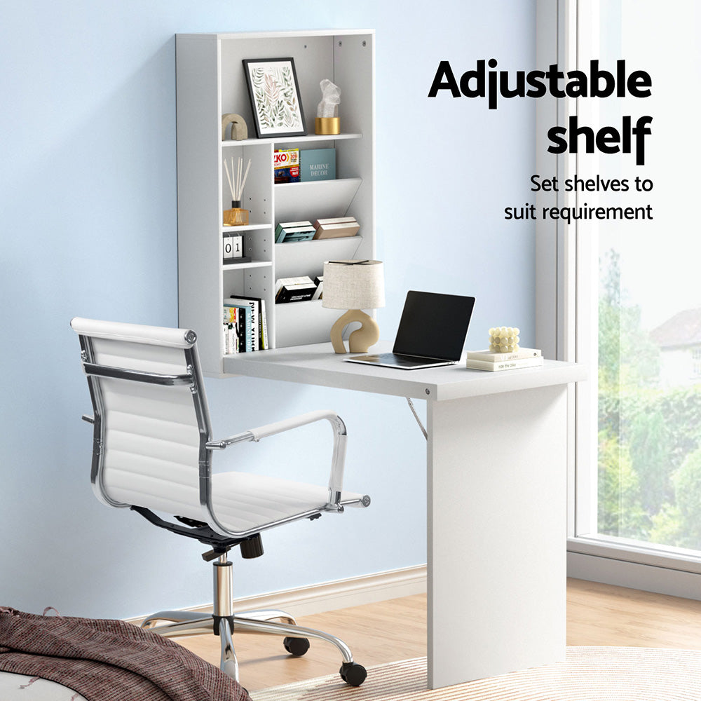 Artiss Computer Desk Office Chair Set PU Leather Wall Mount Foldable Table White