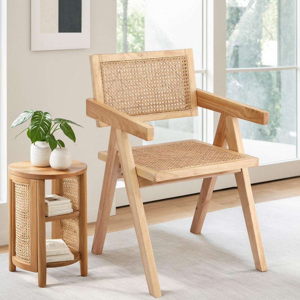 Artiss 1x Dining Chair Wooden Rattan Seat Rubber Wood Frame