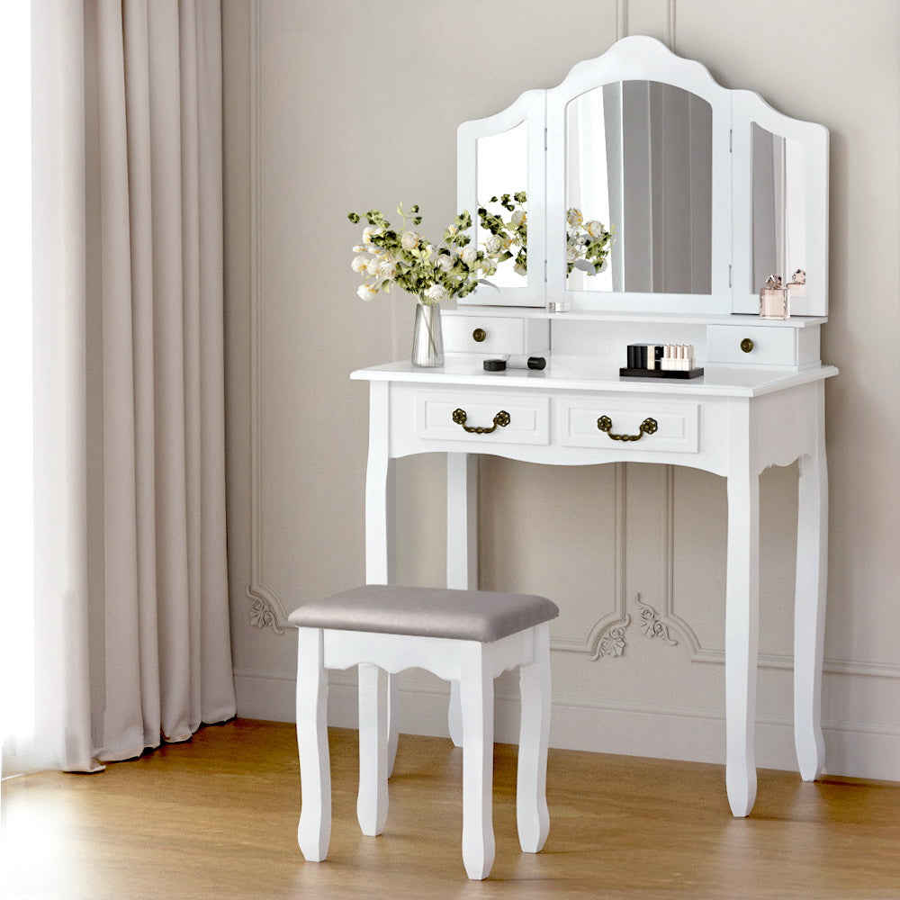 Provincial Dressing Table & Makeup Mirror Stool Set White