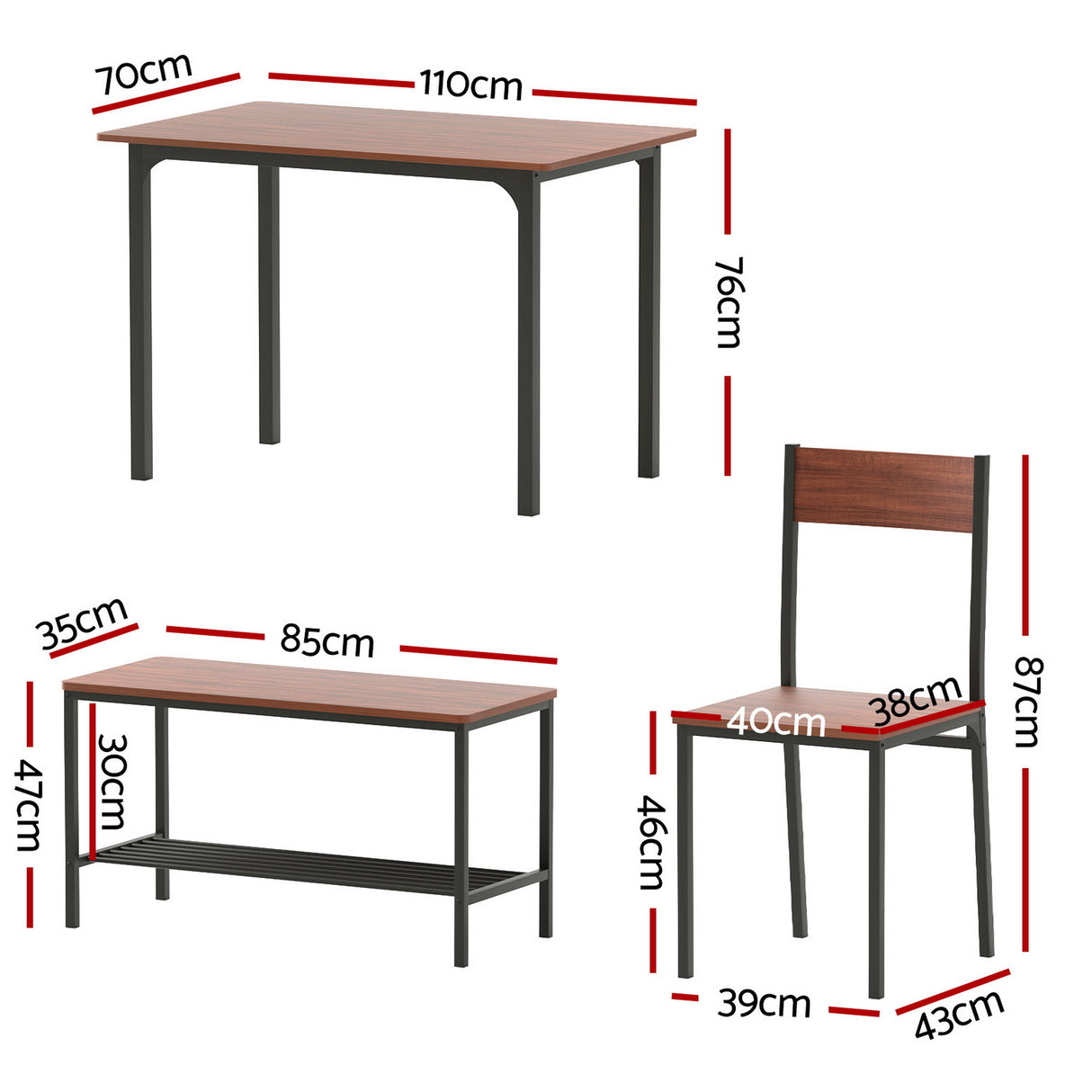 Artiss Dining Table and Chairs Set of 4 Storage Bench Kitchen Furniture Walnut