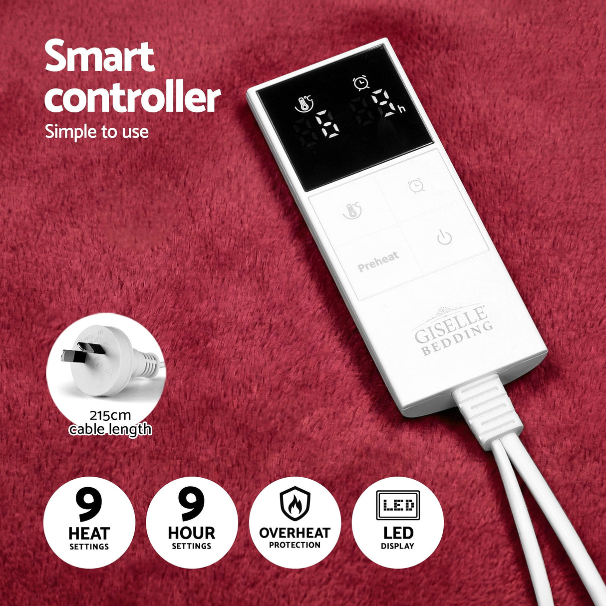 Giselle Electric Throw Rug Double Size 200x180cm Fleece Flannel Heated Blanket Burgundy