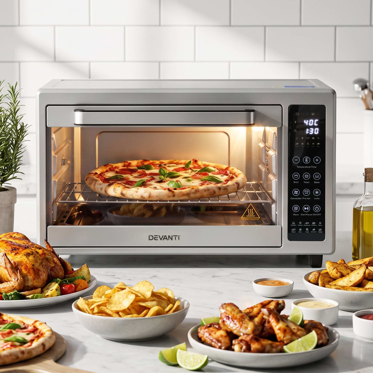 Devanti 48L Convection Oven Electric Fryer Bake Grill Ovens Benchtop 2000W Silver