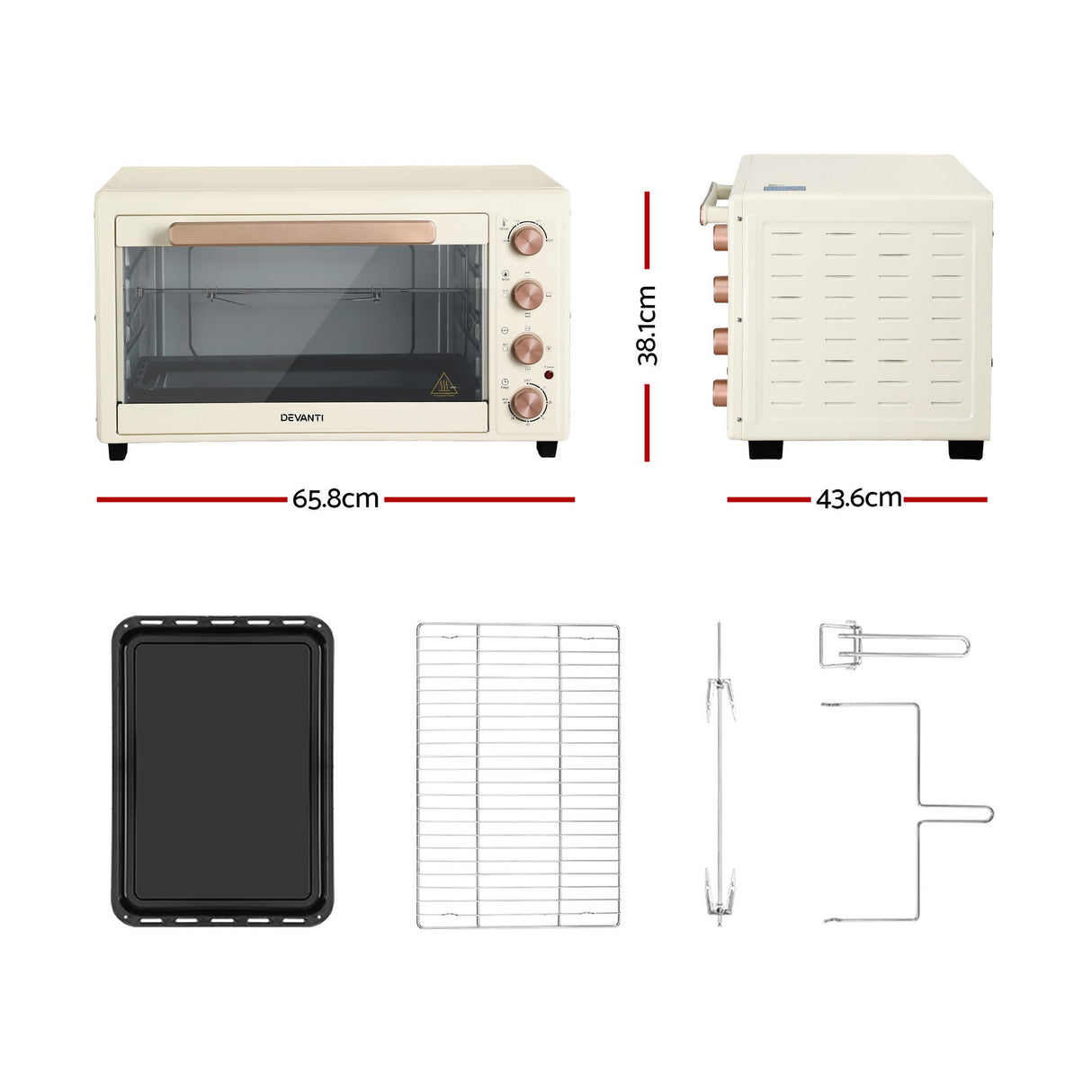 Devanti 60L Convection Oven Electric Fryer Ovens 2000W Cream