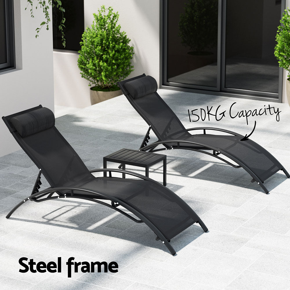 Ember 3PC Sun Lounge Outdoor Lounger Steel Table Chairs Patio Furniture Garden