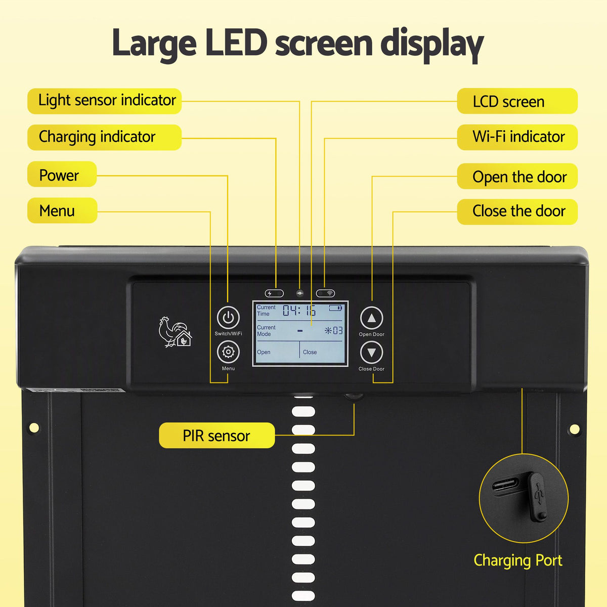 Giantz Automatic Chicken Coop Door 37cm Solar Powered Smart App Control Black