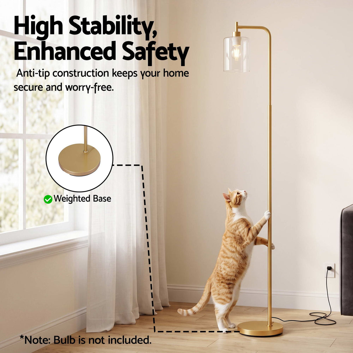 Artiss Floor Lamp Modern Industrial Standing Light with Clear Glass Shade, GoldMetal Tall Lamp for Living Room, Bedroom & Office, Anti-Tipping Weighted Base & Foot Switch (Bulb Not Included)