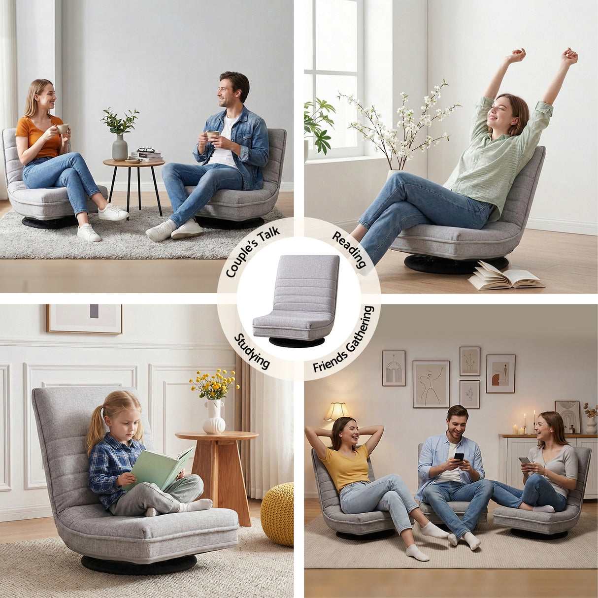 Ariss Swivel Floor Chair 360 Adjustable Foldable Lounge Seat Floor Sofa Chair Grey