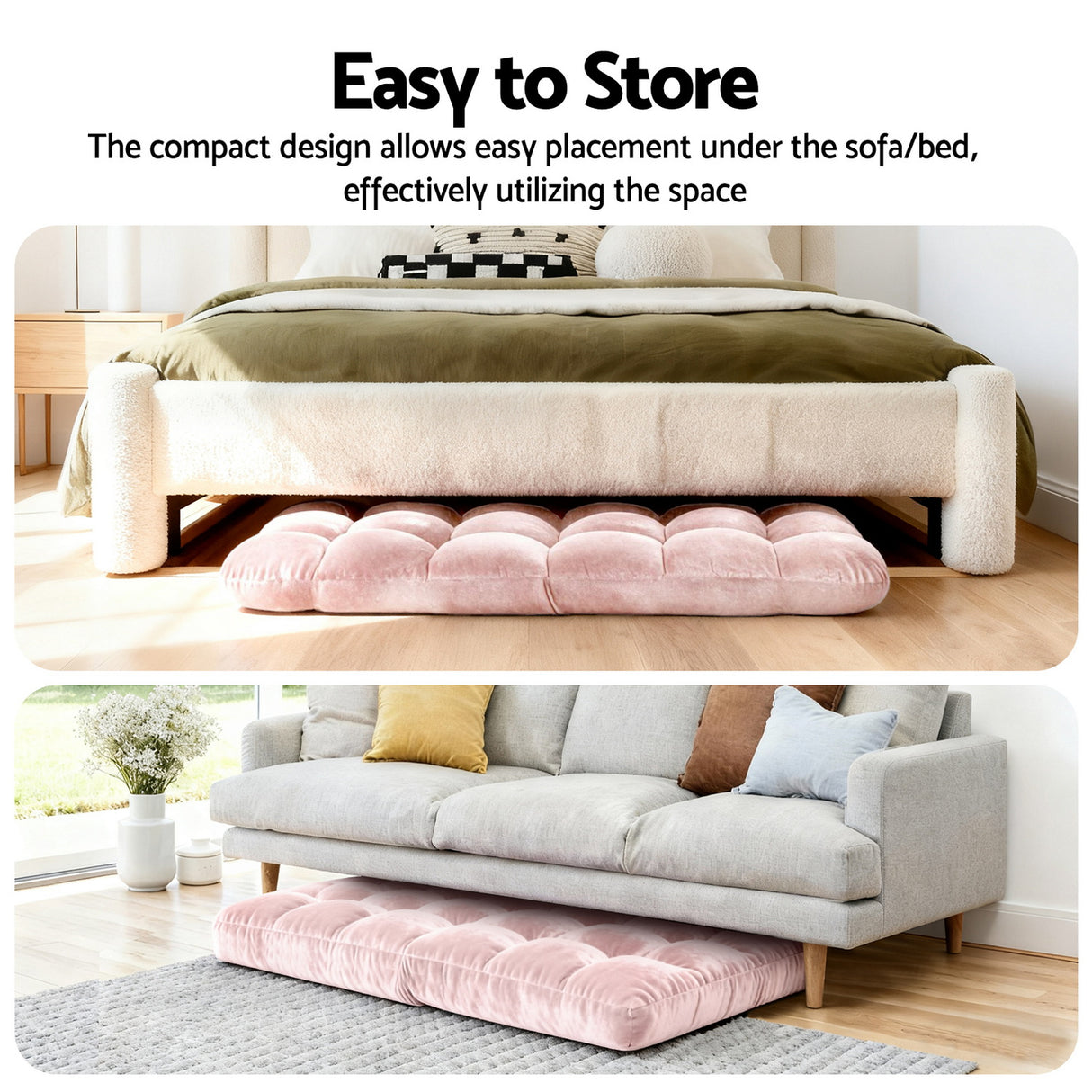 Artiss 2PCS Floor Lounge Sofa Bed Flannel Fabric Pink