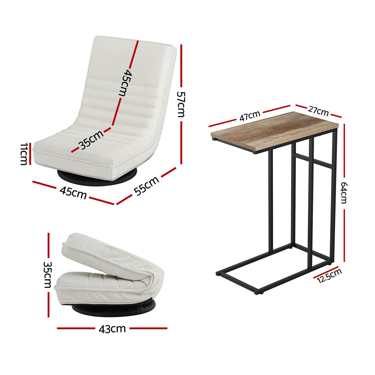Artiss Floor Lounge & Coffee Table Set, Swviel Foldable Linen Sofa Chair White, C-Shaped Side Table Walnut