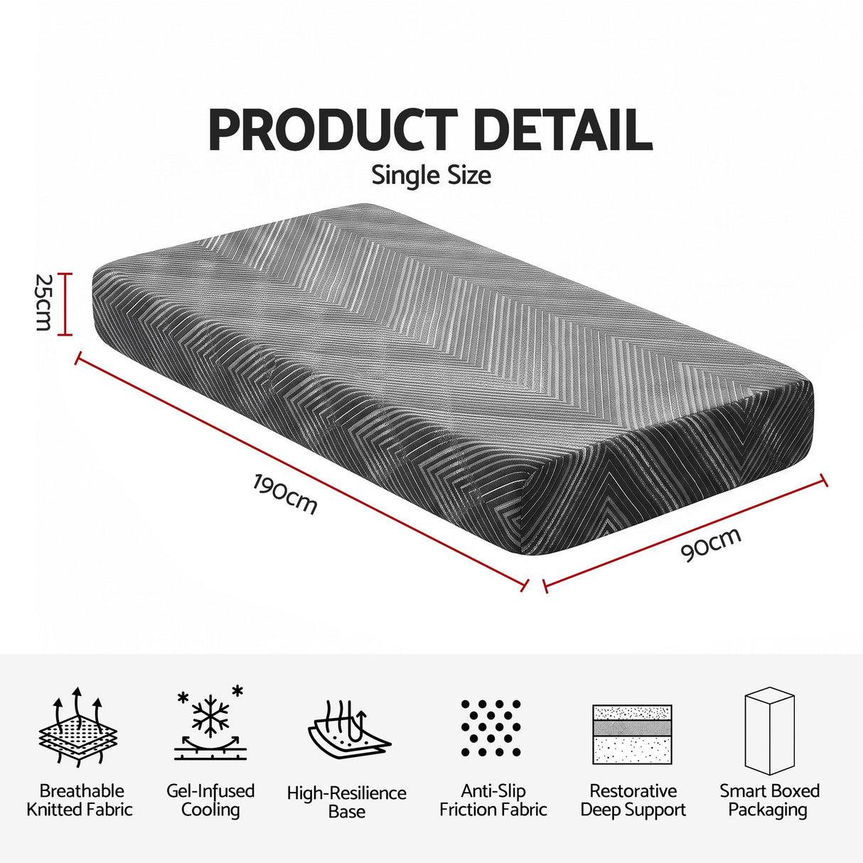Giselle 25cm Single Memory Foam Mattress Gel Infused Foam Removable Cover