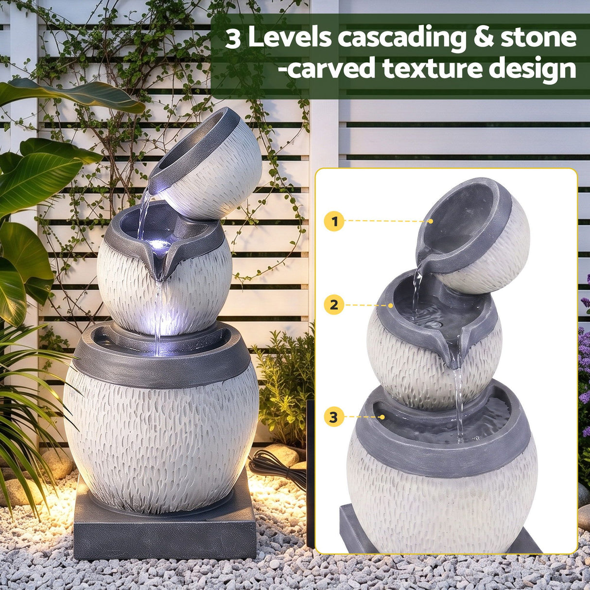 Gardeon Solar Fountain 3 Levels Cascading Bowl Water Feature 52cm Grey
