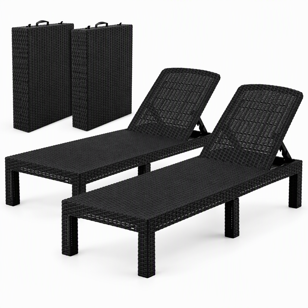 Gardeon 2X Foldable Sun Lounges Outdoor Recliner Patio Beach Chair Rattan Black