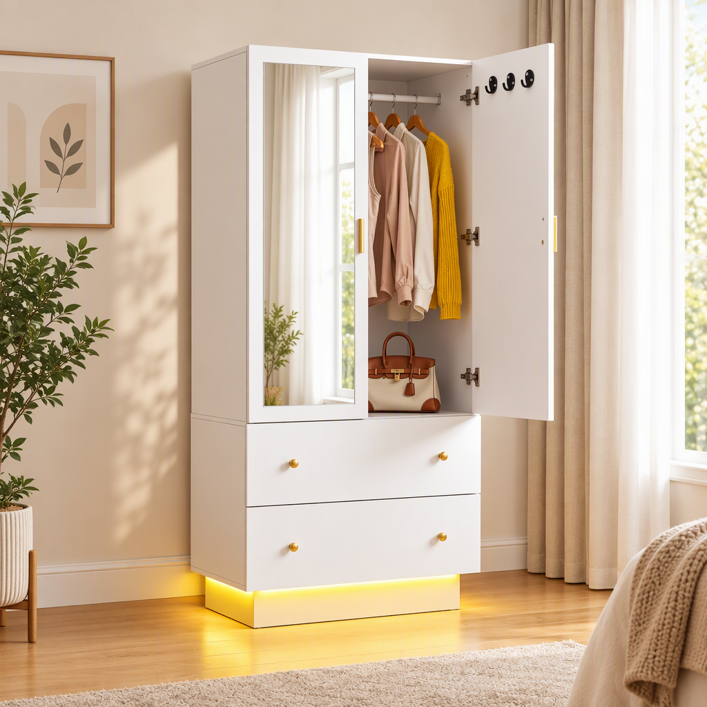 Artiss LED Wardrobe Cabinet Clothes Storage with Mirror 2 Drawers Hanging Rail