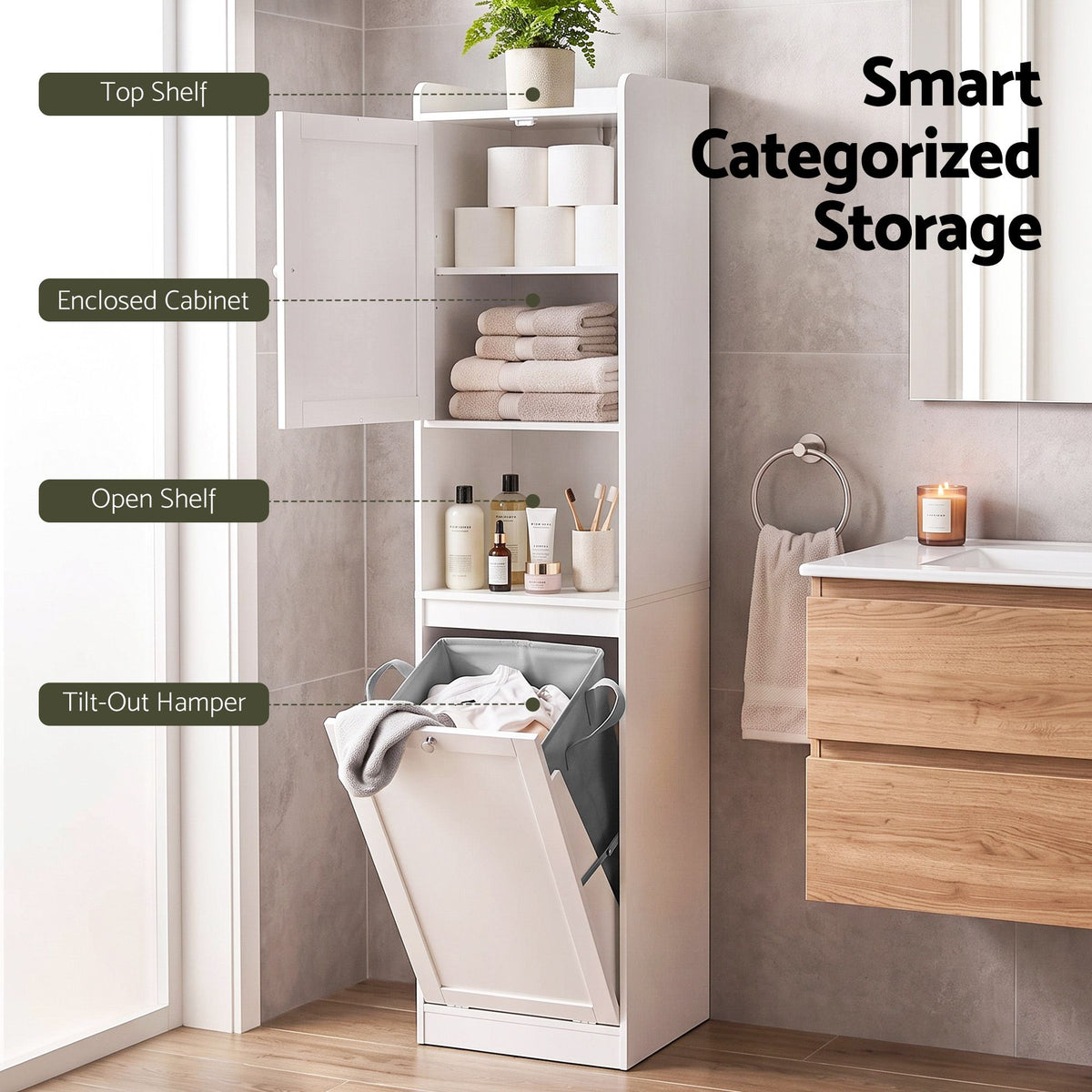 Artiss Tall Bathroom Storage Cabinet with Tilt Out Laundry Hamper White 170cm