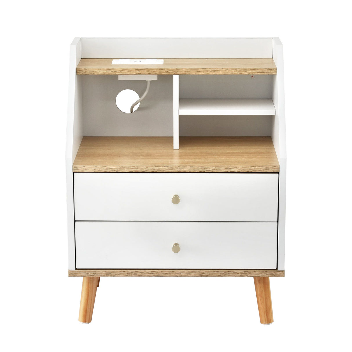 Artiss Bedside Table 2 Drawers Charging Station White and Pine