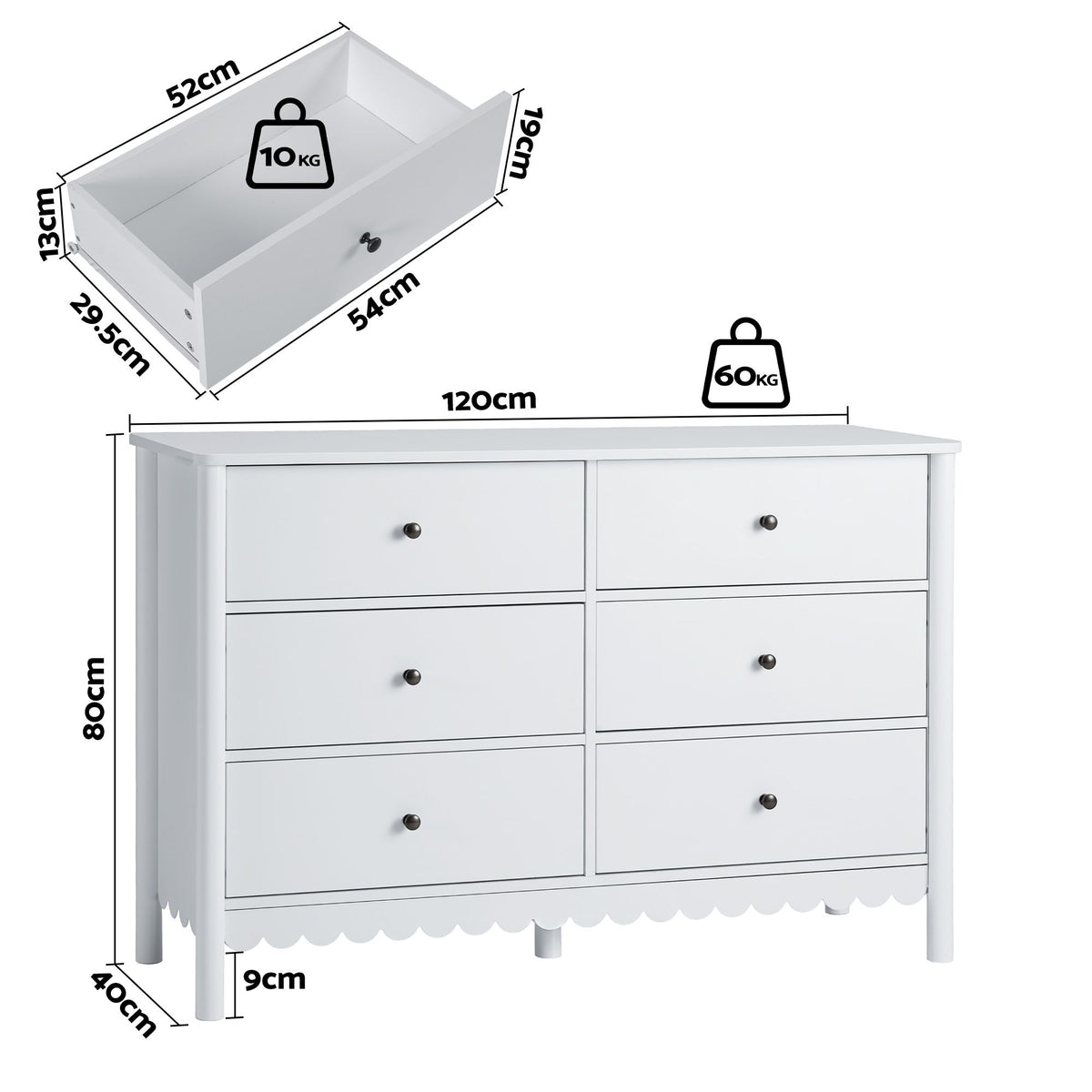 Artiss 6 Chest of Drawers Dresser Lowboy Curved Edge Scalloped White Bedroom