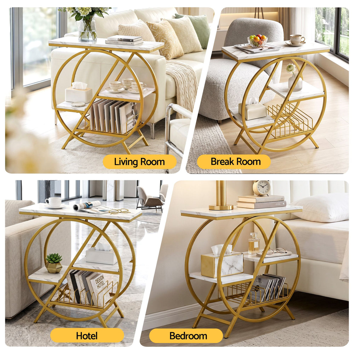 Artiss Side Table Marble Finish Coffee Table Nightstand Storage Shelf White&Gold