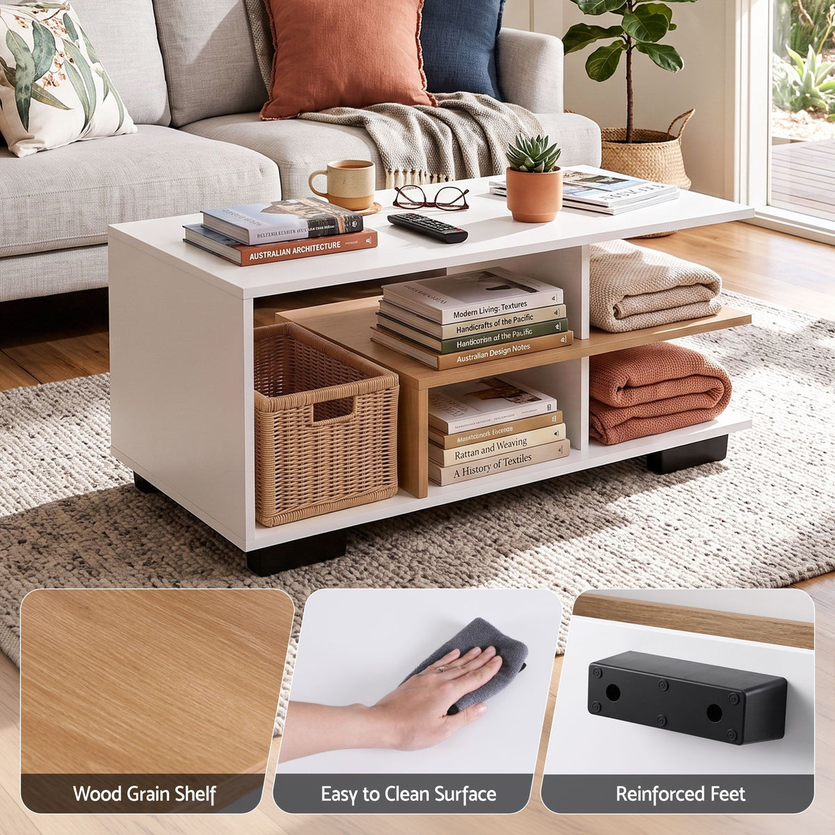 Artiss Coffee Table 90cm Center Table 3 Tier Open Storage Shelf Modern Living Room White & Wood