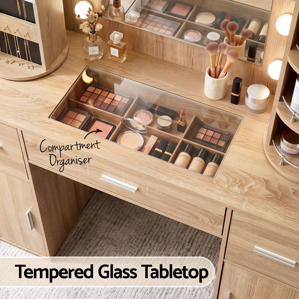 Artiss Dressing Table Vanity Desk LED Mirror Stool Set Charging Station Glass Top Rotating Shelf Wood