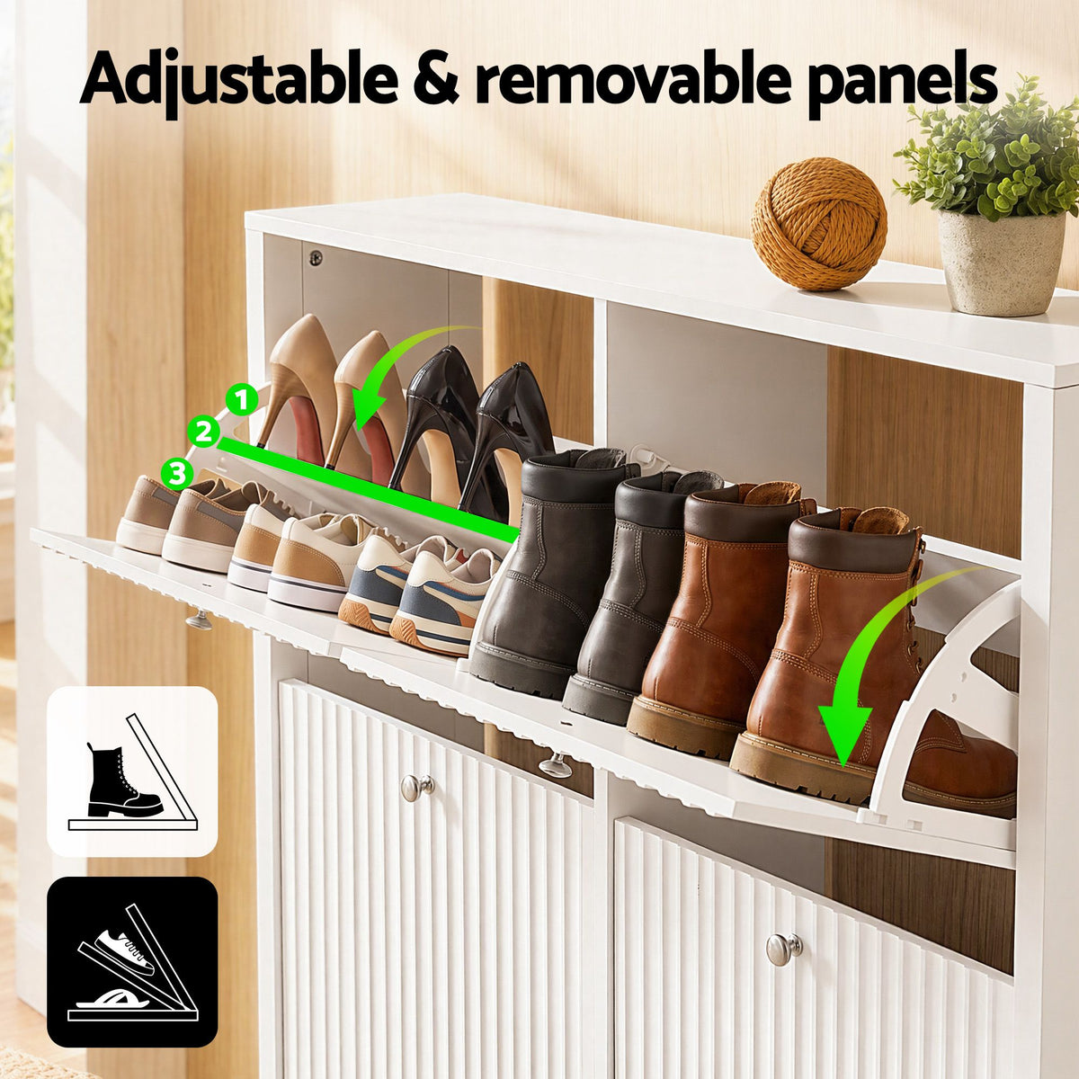 Artiss Shoe Cabinet 4 Flip Drawers Fluted Style Adjustable Shelves White
