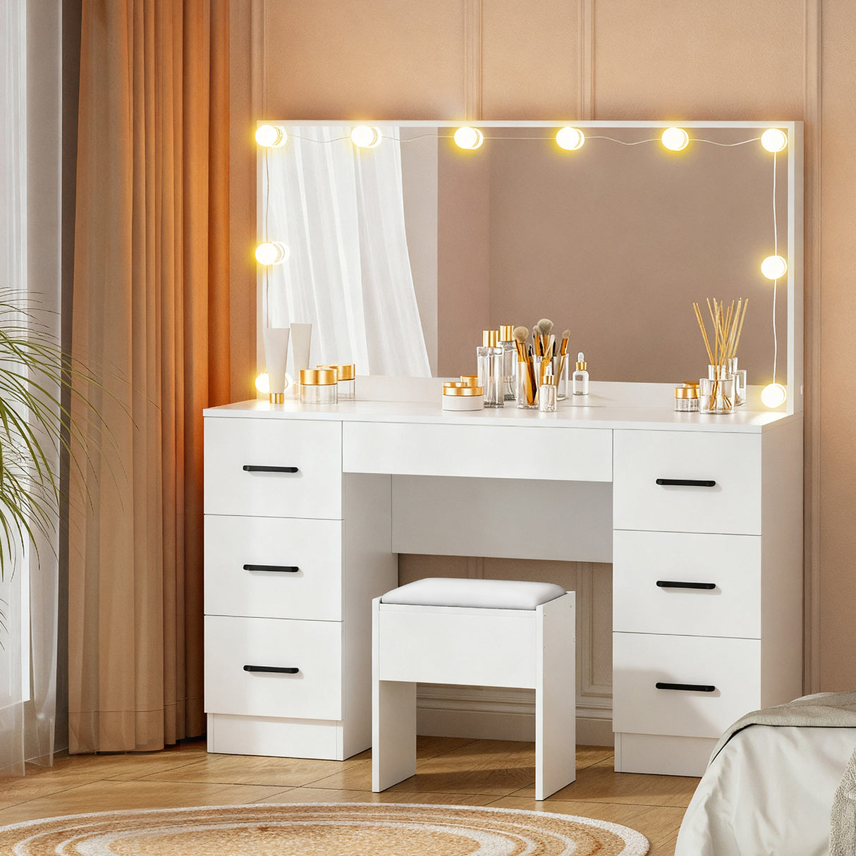 Artiss Dressing Table Set Stool 10 Led Bulbs White Debbie