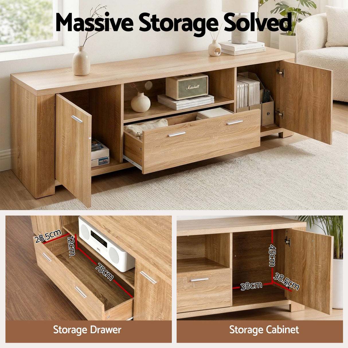 Artiss TV Unit & Coffee Table Set Storage Drawer Pine