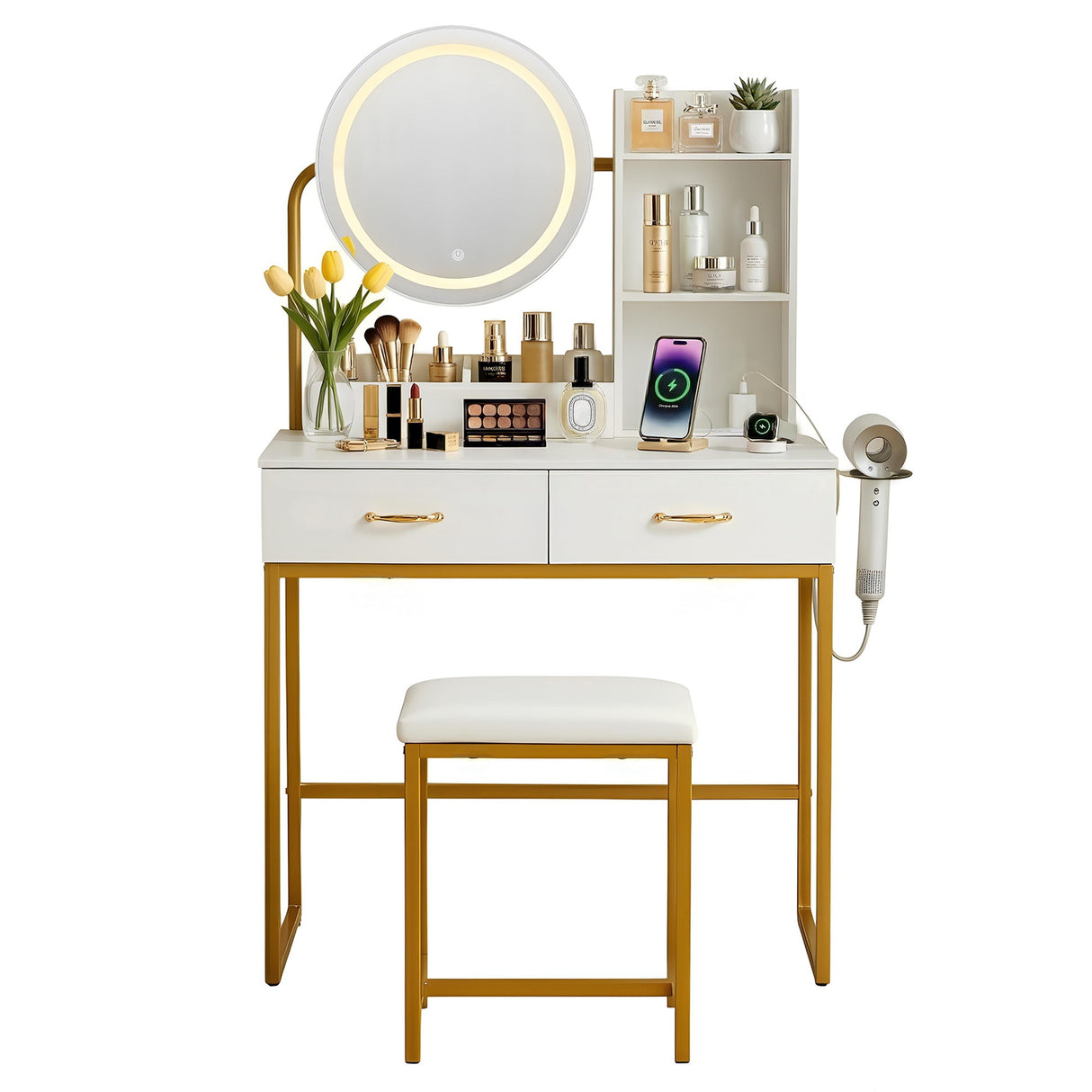 Artiss Dressing Table Vanity Desk Set Stool LED Charging Station White