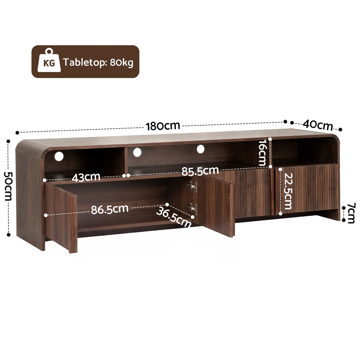Artiss 180cm TV Unit Storage Cabinet Shelf Fluted Front Rounded Edge Anti-tip Kit Walnut