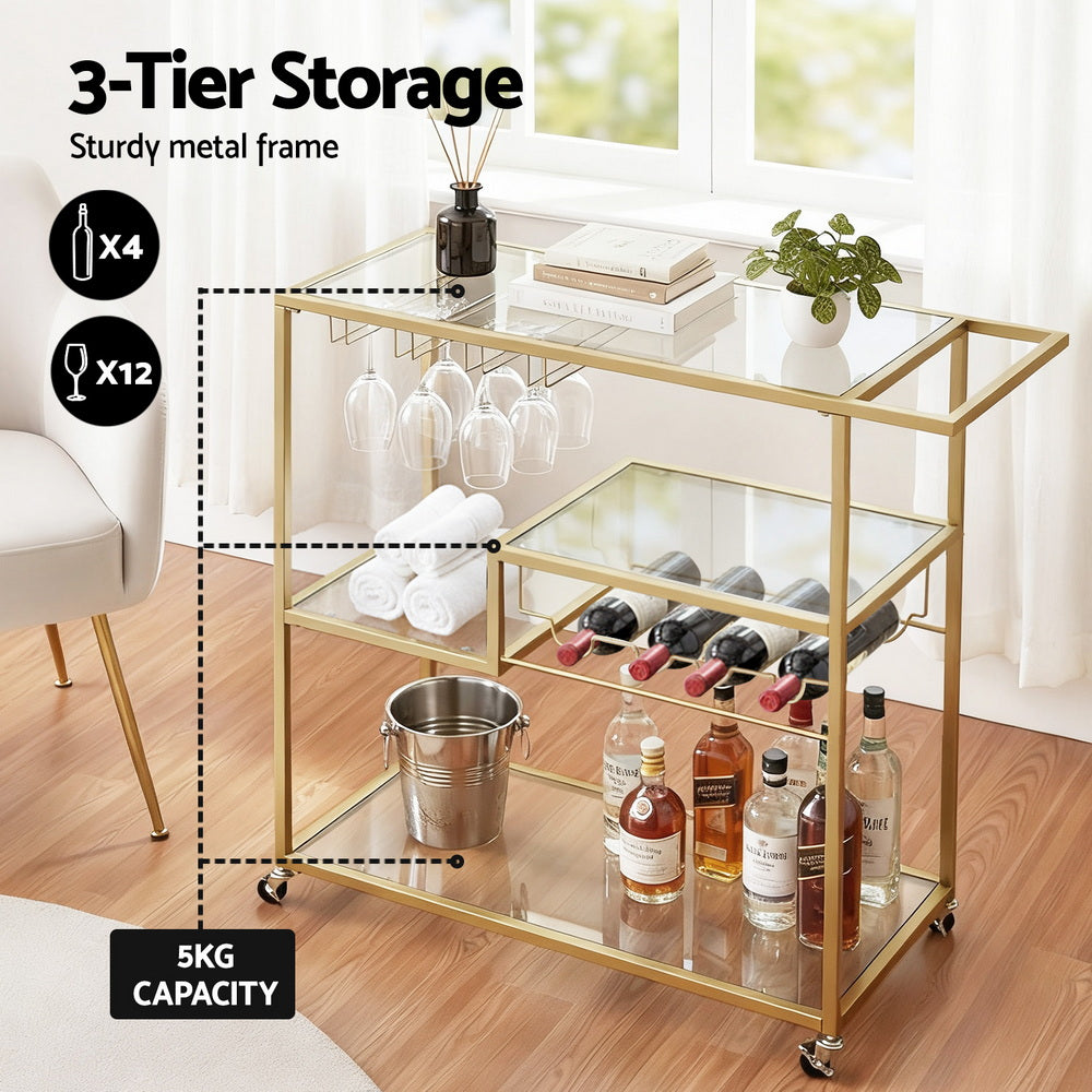 Artiss Bar Cart Drink Trolley Serving Cocktail Wine Rack Glass Holder 102cm Gold