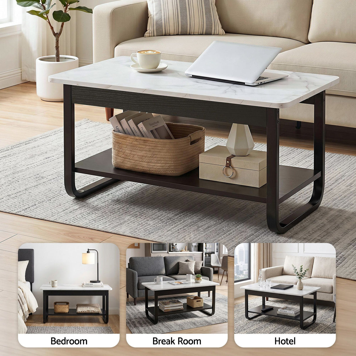 Artiss Coffee Table 2-Tier 80CM Marble Finish Shelf Black&White