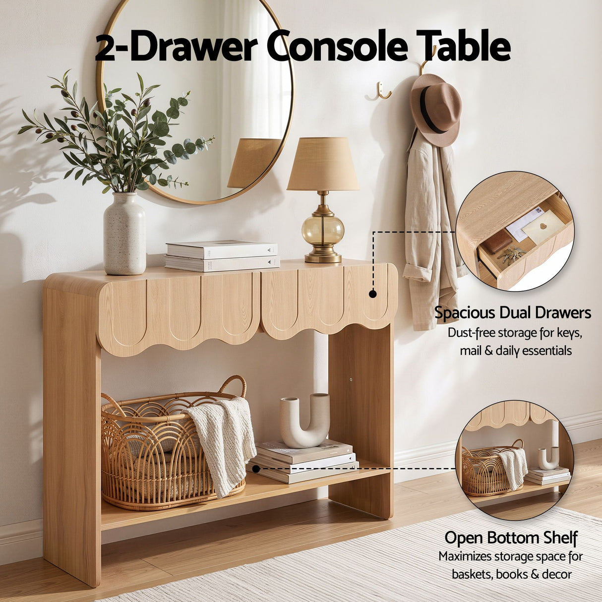 Artiss 2-Drawer Console Table, Scalloped Entryway Table with Safe Rounded Corners, 100 x 31 x 80 cm