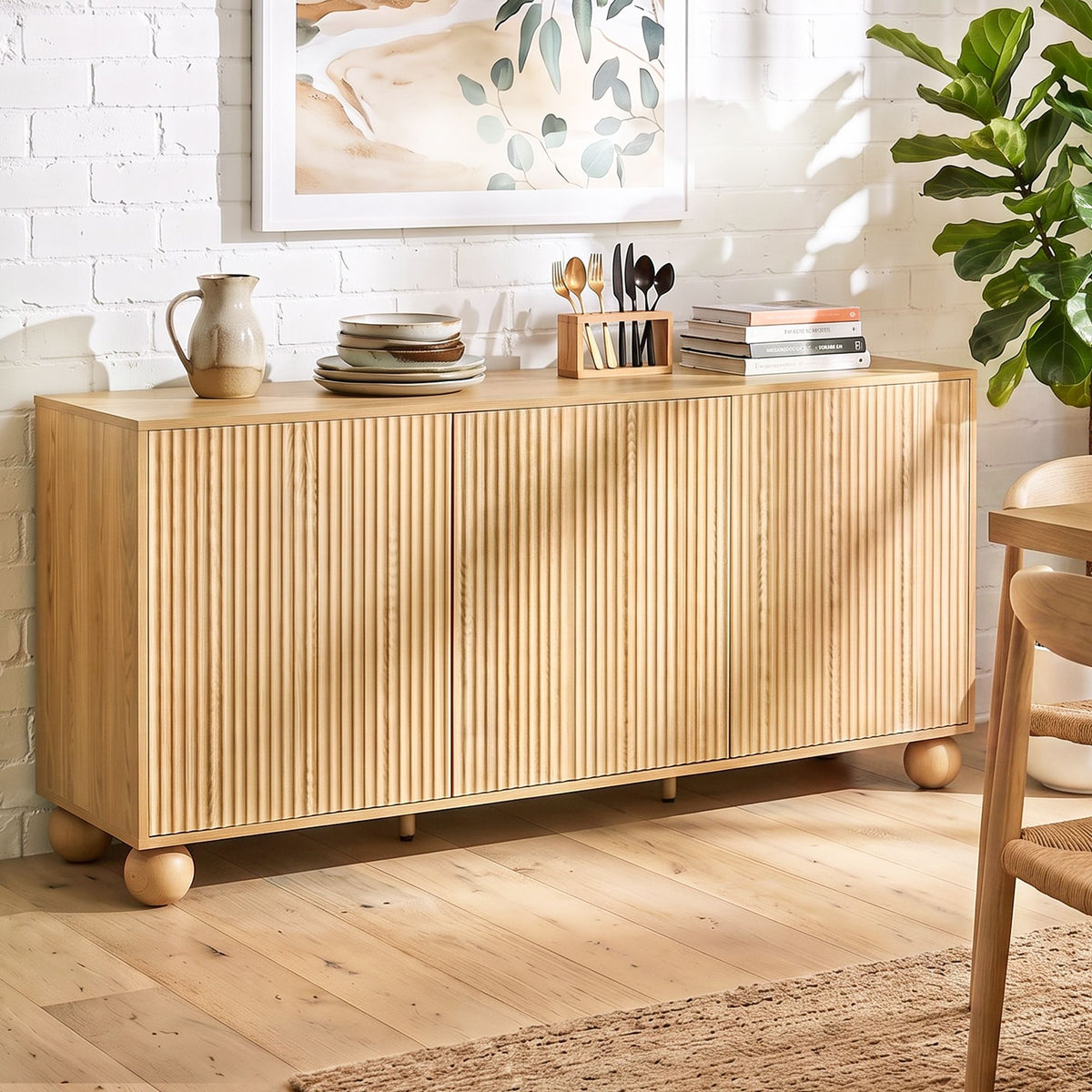 Artiss Buffet Sideboard Cabinet 2-Tier Fluted Kitchen Storage Ball Legs Pine