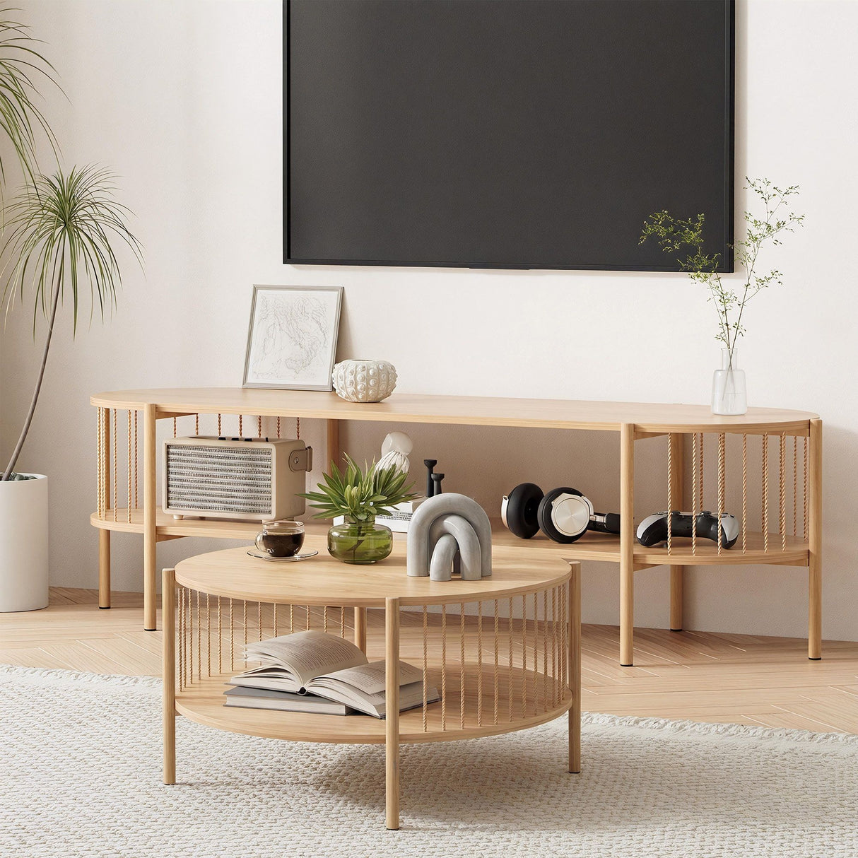 Artiss TV Unit & Coffee Table Set Storage Shelf Pine