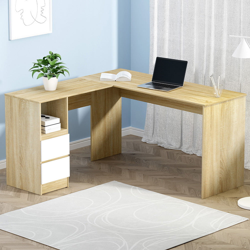 Oak with White Drawers L-shaped Office Desk
