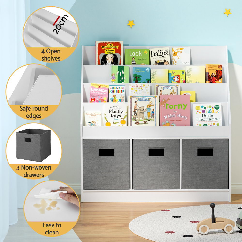Keezi Kids Bookshelf 4 Tiers Magazine Rack Toy Box Organiser Storage Display Shelf