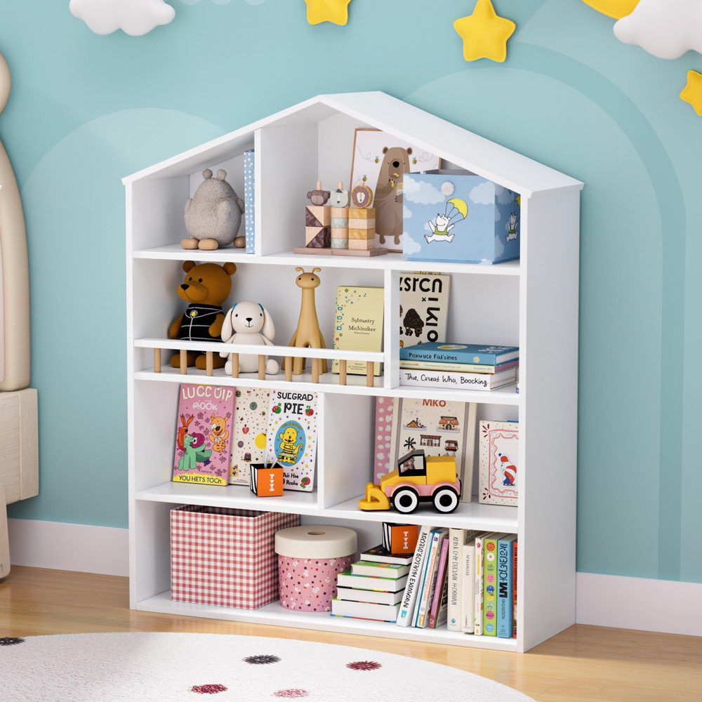 Keezi 4 Tiers Kids Bookshelf Wooden Bookcase Display Storage Organiser Cabinet White