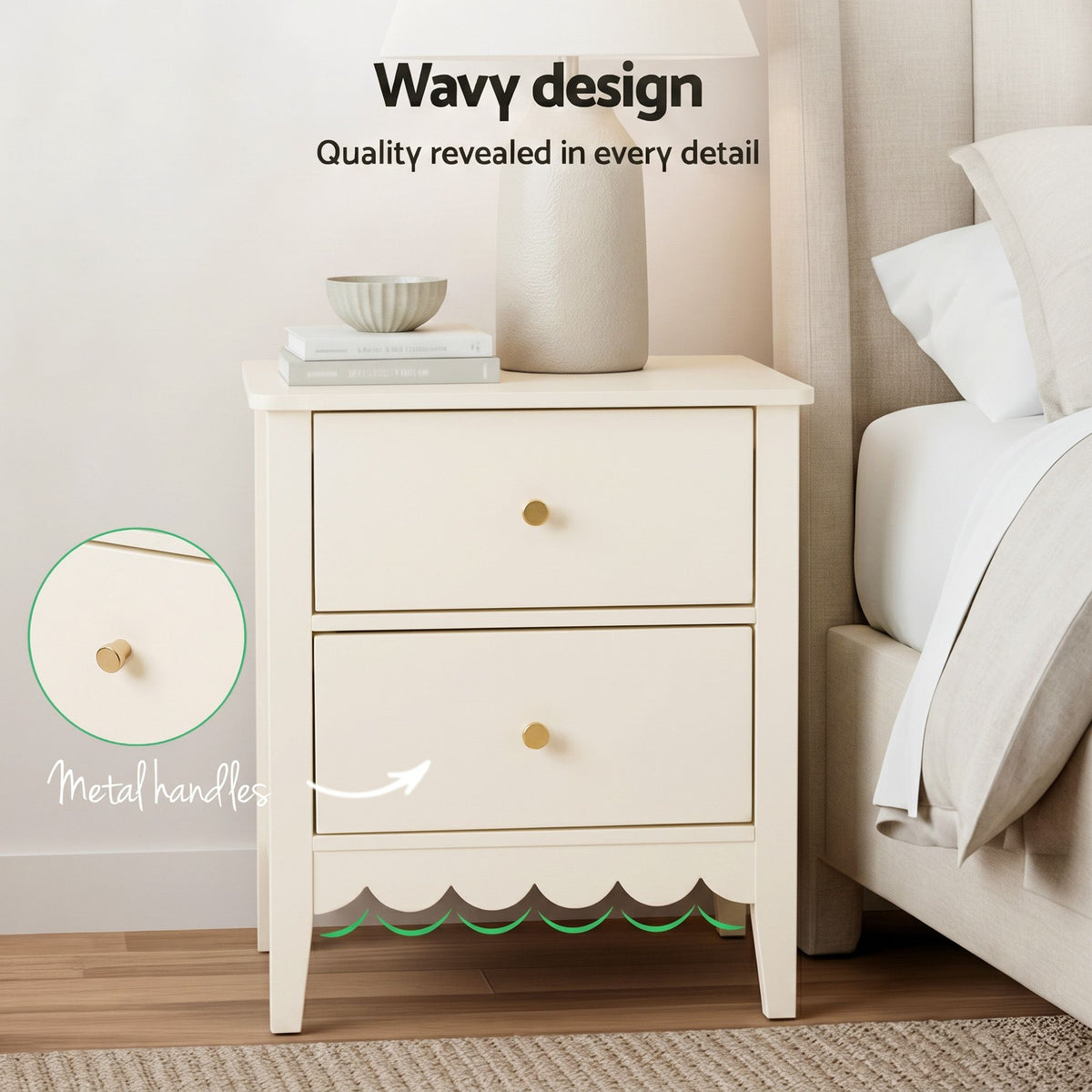 Artiss Bedside Table 2 Drawers Bedroom Storage Nightstand Beige