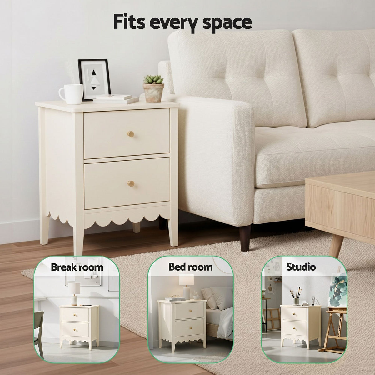 Artiss Bedside Table 2 Drawers Bedroom Storage Nightstand Beige