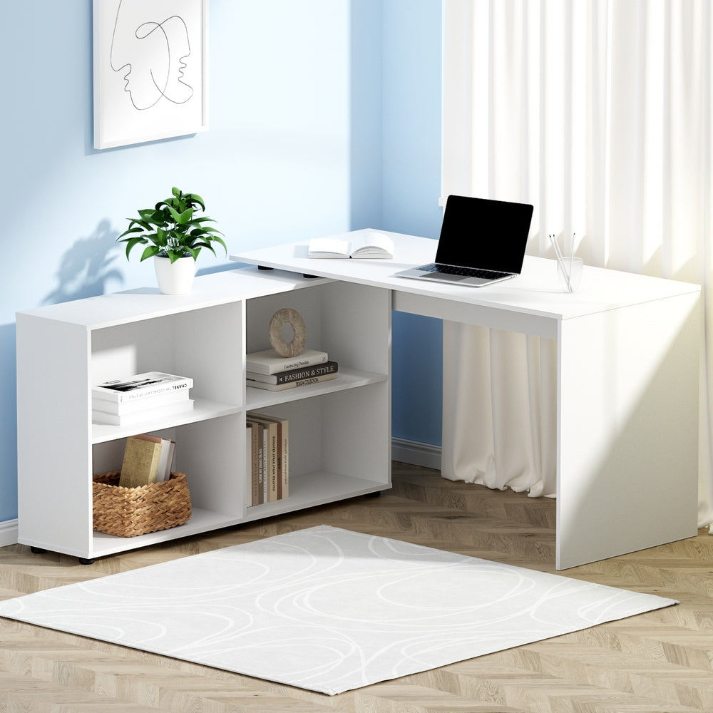 Computer Desk White with 4-Shelf Bookcase