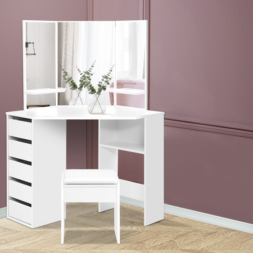 Corner Dressing Table Makeup Mirror Stool Set White