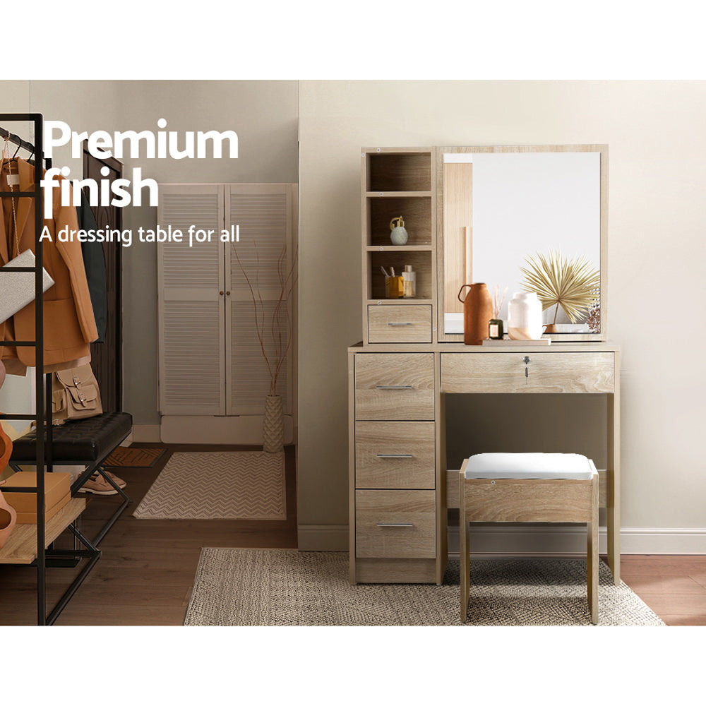 Sliding Mirrored Oak Dressing Table Set.