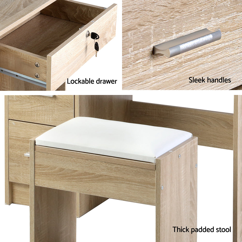 Sliding Mirrored Oak Dressing Table Set.