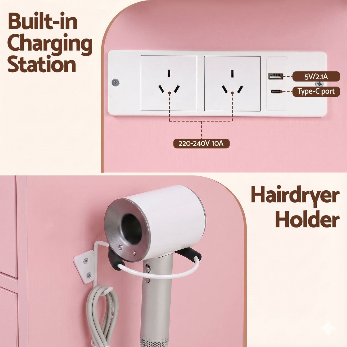 Artiss Dressing Table Charging Station LED Vanity Desk Set Stool Glass Top Make up Mirror Storage Drawer Pink
