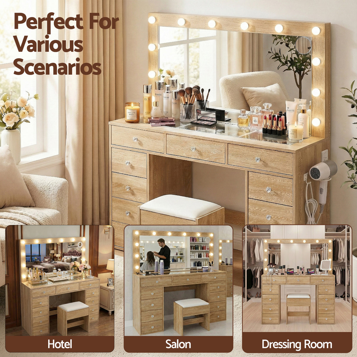 Artiss Dressing Table Vanity Desk Set Stool LED Bulbs Wood