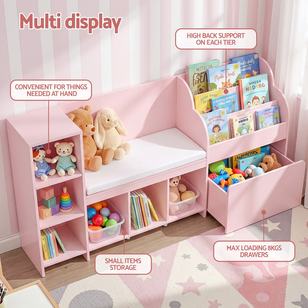 Keezi Kids Storage Unit Bookshelf Toy Box Organiser Bench Seat Cabinet 170cm Pink